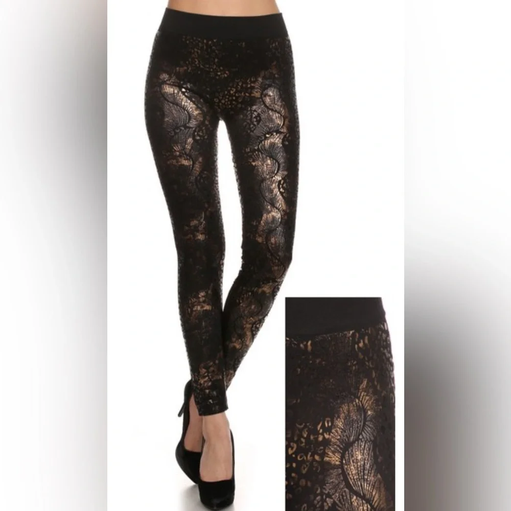 YELETE Black & Gold OS Women's Metallic Mixed Print Fleece Lined Legging